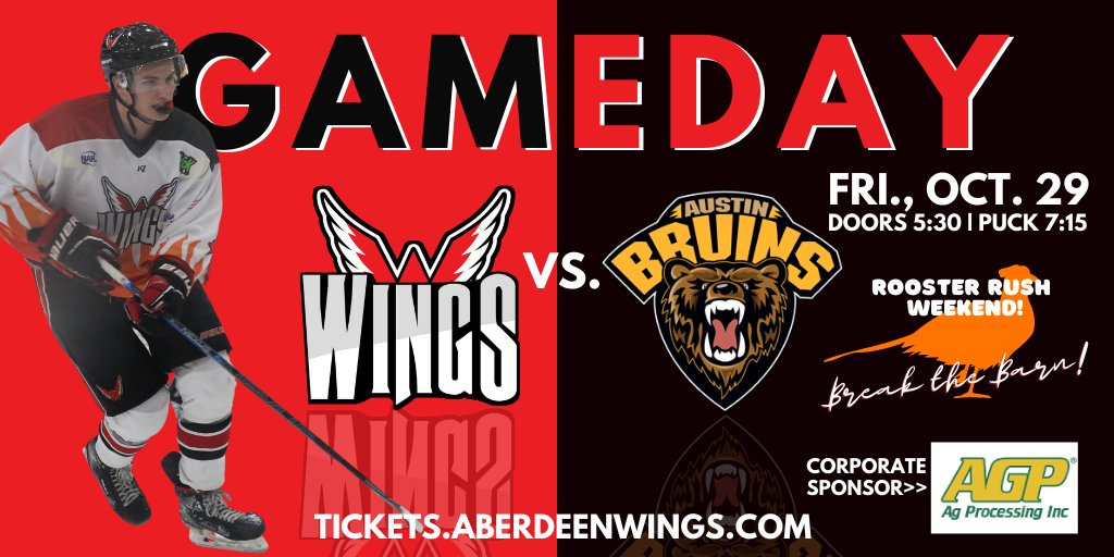 AberdeenWings's tweet photo. 🔥 IT'S GAMEDAY! 🔥
The Wings hit the ice tonight for Game 1 of 2 against the Austin Bruins! Swing out for #RoosterRush night and get your chance at a serious prize package from @VisitAberdeenSD ! PLUS we want you to bring a friend as we try to #BustTheBarn!! #WingsWay https://t.co/aSGHvxybdG