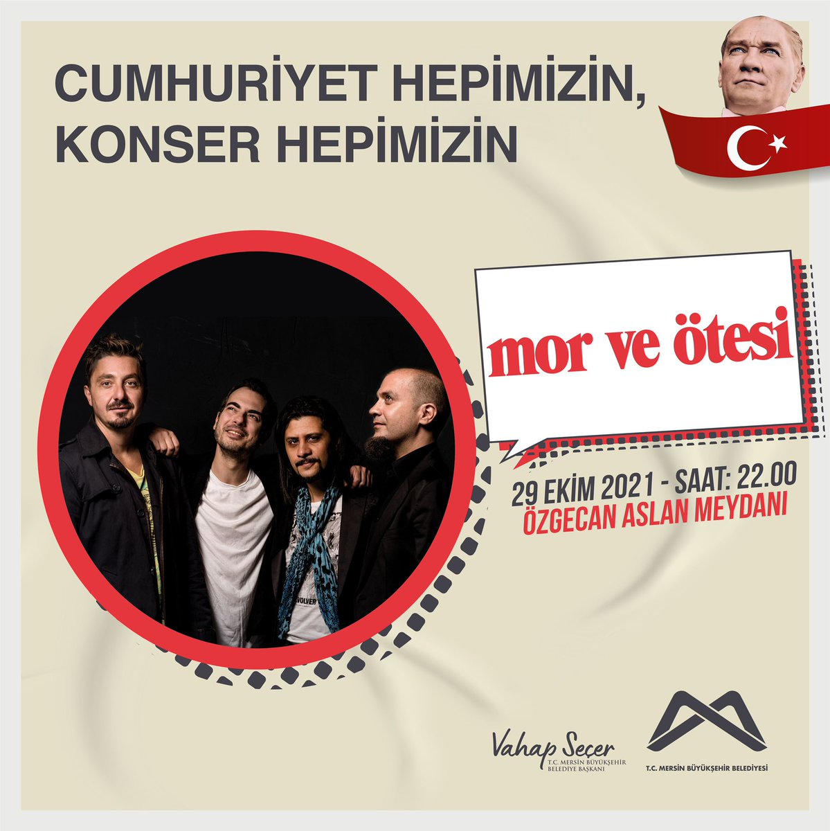 Mor ve Ötesi, Cumhuriyet Bayramımızın 98. yıldönümü kutlamaları kapsamında, Mersin Özgecan Aslan Meydanı’nda sahnede olacak. 🇹🇷 <a href="/mvoofficial/">mor ve ötesi</a> <a href="/mersin_bld/">Mersin Büyükşehir Belediyesi</a>