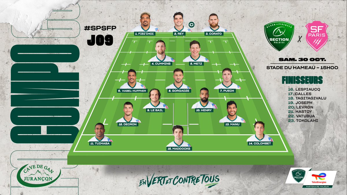 𝑳𝒂 𝒄𝒐𝒎𝒑𝒐

📋 Notre équipe pour la rencontre de samedi face au <a href="/SFParisRugby/">Stade Français Paris</a> !

🎟 Billetterie 👉 bit.ly/3BYTdNX

#SPSFP #TOP14 #HonhaSection #EnVertEtContreTous