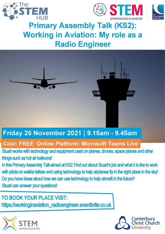 Join <a href="/UK_CAA/">UK Civil Aviation Authority</a>  LIVE TALK to hear Radio Engineer Stuart talking about the technology &amp; equipment used on planes, #drones, #space planes &amp; more! Aimed at #Primary KS2 #students
Date: Fri 26 Nov 9:15-9:45. 
Register: bit.ly/3bqw0bP #Teachers #STEMed #Careers #Homeschoolinguk