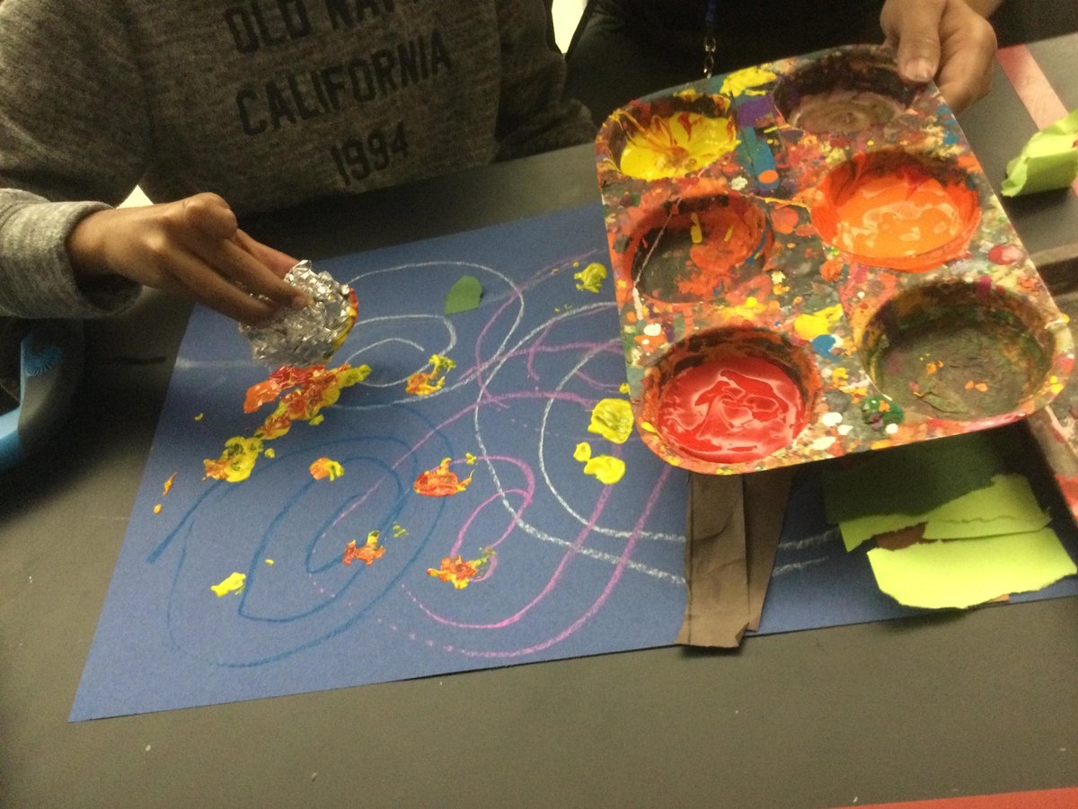 DZeissHWEArt's tweet photo. Nothing says spooky like cotton ball marshmallows roasting over a roaring foil painted bonfire! Mrs. Selahowski, Vangel, Sidge and Robert’s students wish you a Haunted &amp; Happy Halloween from the art room! @HWE_Hawks https://t.co/bVQgsUdfDL