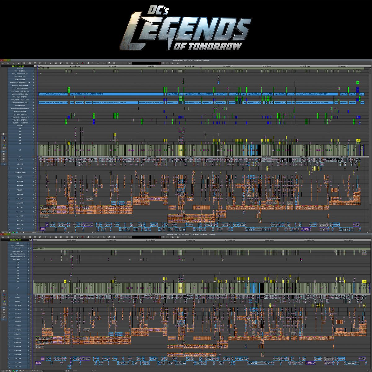 Avid's tweet photo. 🎞️ DC’s Legends of Tomorrow — Episode 100
📷 EDITOR: @TaliaLidia
📷 ASSISTANT EDITOR: Danny Muñoz
📷 VFX EDITOR: @sethgottlieb1

#dc #legendsoftomorrow #editing #postproduction #100thepisode #mediacomposer #avid https://t.co/BUrE8X3iez