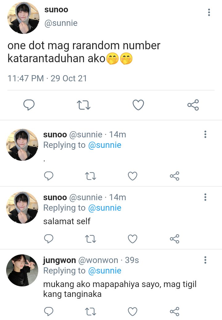 enhyp3nwrites's tweet photo. — PAGSAPIT au

A SunSun au wherein Sunoo contacted a random number. Sunghoon's number was the one who contacted and he said he was korean even though he wasn't. so sunoo make some "banat" to sunghoon and sunghoon spoke tagalog sunoo shocked about what he said. https://t.co/uOKA0ssFTz