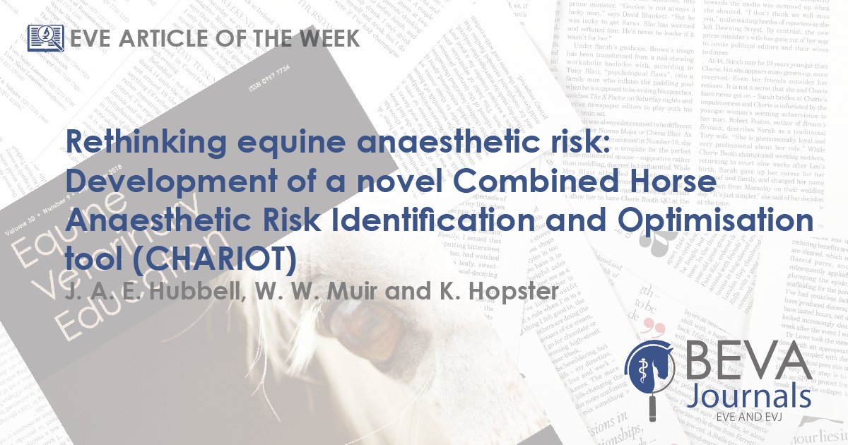 EVE_editor's tweet photo. Chosen by the editor, our EVE Article of the Week is "Rethinking equine anaesthetic risk: Development of a novel Combined Horse Anaesthetic Risk Identiﬁcation and Optimisation tool (CHARIOT)" by J. A. E. Hubbell, W. W. Muir and K. Hopster.

Read on - https://t.co/qzG51mNWSC https://t.co/eiUUEhTaC0