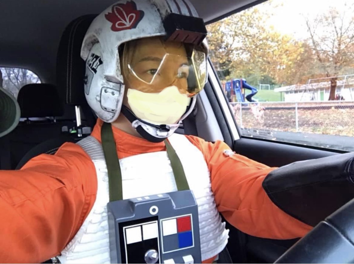 My brother driving his kid to school today in full regalia. I obscured his face with a mask. #starwars #halloweencostume #pandapropsncostumes Reveal of his kid’s costume is yet to come. He goes all out every year.