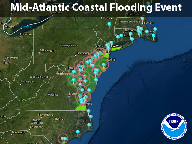 noaaocean's tweet photo. NOAA is monitoring water levels and winds for the significant coastal flooding event unfolding across the Mid-Atlantic region. Water levels are presently measuring 1-4 feet above normal tide levels and are expected to remain elevated through Saturday: https://t.co/IZhflyXpJg. https://t.co/TkJ4qOIRTT