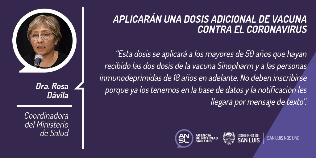 sanluisgob's tweet image. Compartimos las declaraciones de la coordinadora del Ministerio de Salud, Rosa Dávila, en @radionacionalsl sobre la dosis adicional de la vacuna contra el coronavirus.
#SanLuisNosUne #COVID19