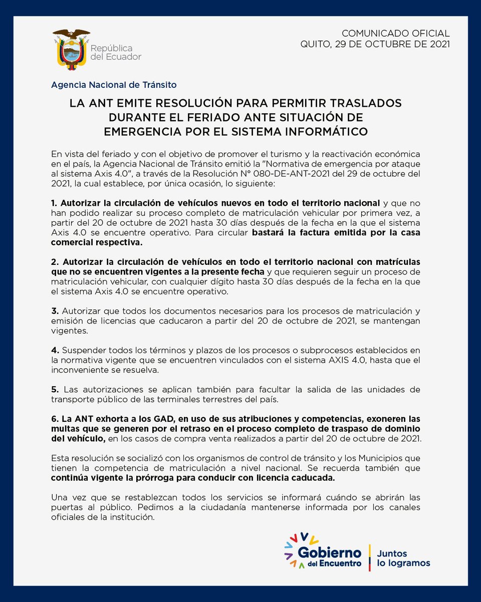ANT_ECUADOR's tweet image. COMUNICADO | La ANT emitió resolución para permitir traslados durante el feriado ante situación de emergencia por el sistema informático.
Descargue la Resolución N° 080-DE-ANT-2021 ➡️ ant.gob.ec/?page_id=5245#….