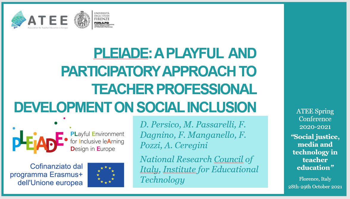 PleiadeProject's tweet photo. Today PLEIADE was presented at the @ATEE_Brussels 2021 Spring conference! Thanks @emmeran @davideparmi @CnrItd #Pleiadeproject #socialinclusion #playfulapproach https://t.co/WAopSHI8m0