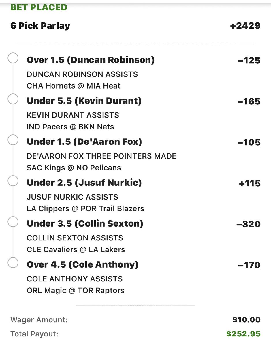 Player props

Duncan Robinson over 1.5 assists 
Kevin Durant under 5.5 assists 
De’Aaron Fox under 1.5 threes
Jusuf Nurkic under 2.5 assists
Colin Sexton under 3.5 assists
Cole Anthony over 4.5 assists 

If parlayed.. https://t.co/yDonRodxgu