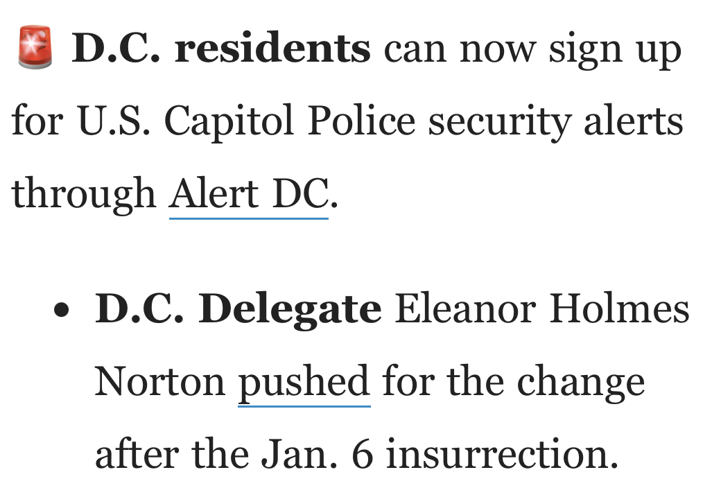capitolization's tweet image. Allowing DC residents to get @CapitolPolice  alerts is great. But how? I’ve checked my existing @DC_HSEMA alert acct &amp;amp; there’s no USCP option. @EleanorNorton @axios