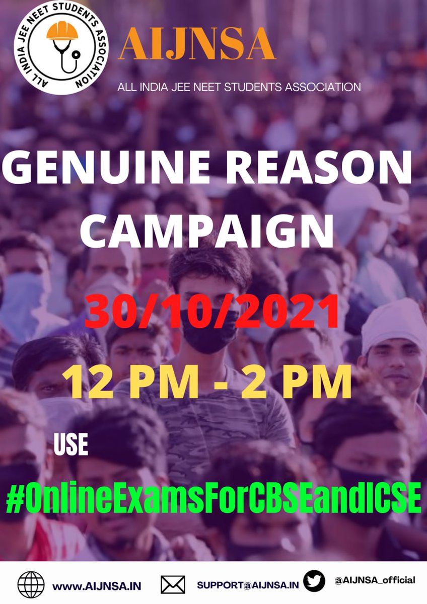 AIJNSA_official's tweet photo. #TrendAlert
📢📢GENUINE REASON CAMPAIGN
FOR #CBSE&amp; #CISCE STUDENTS.
DATE: 30.10.21
TIME :12 TO  2PM
USE HASHTAG:
#OnlineExamsForCBSEandICSE 
Along with 
#GoHybridCBSEandICSE 
@AIJNSA_official  
 
🔴Create posters,banners write ur concerns;held it with our hands&amp;take a pic&amp;tweet. https://t.co/sSpcdcfcBn