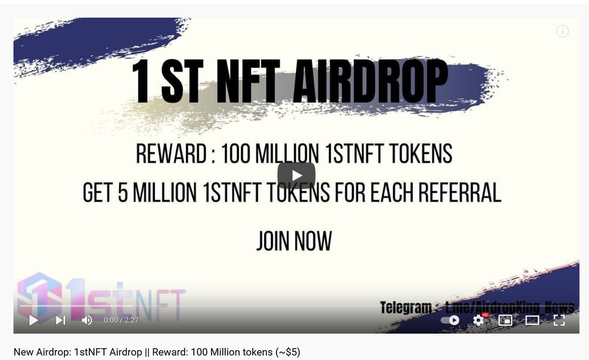 New Airdrop: 1stNFT Airdrop 
Reward: 100 Million tokens (~$)

🔗Airdrop Link: Airdrop page

⚠️Hottest NFT project on BSC address: 0x24e211001794e1d8fa9da70babf6f6c0c9d3879a
📹 YouTube Video about how to participate in the 1stNFT Airdrop. 
Link：youtube.com/watch?v=jdtr2y…