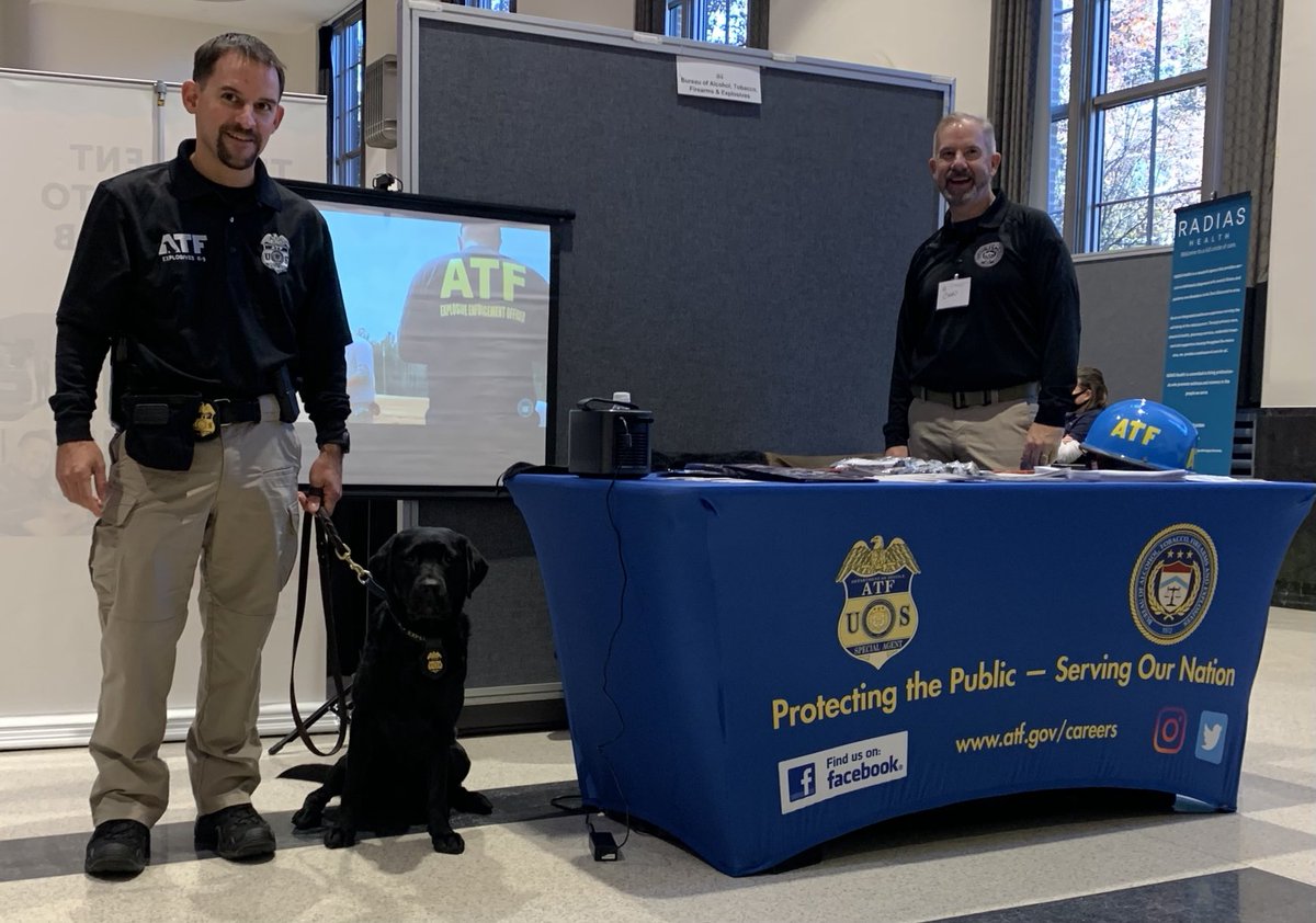 ATF is at ⁦@UofMAdmissions⁩ Government and Nonprofit Career Fair to share information on job opportunities within the ATF. If you’re in the area, stop by to say hello and give Explosives Detection Canine Taylor some pets. #ATFJobs #Recruiting