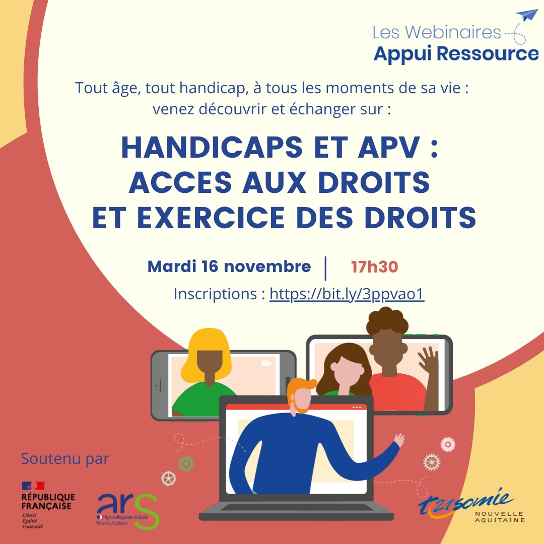 T21_NA's tweet photo. 📅Rdv le 16/11 à 17h30 pour le dernier #webinaire « #Handicaps et APV : accès aux droits et exercice des droits » !
🆓 Inscription : https://t.co/MAGhCGYw3J
🎥Replay des 1ers webinaires : https://t.co/n79mz0ncco
🙏Soutenu par l'@ARS_NAquit 
@Nexem_actu 
#inclusion #empowerment https://t.co/vDQOniSmWB