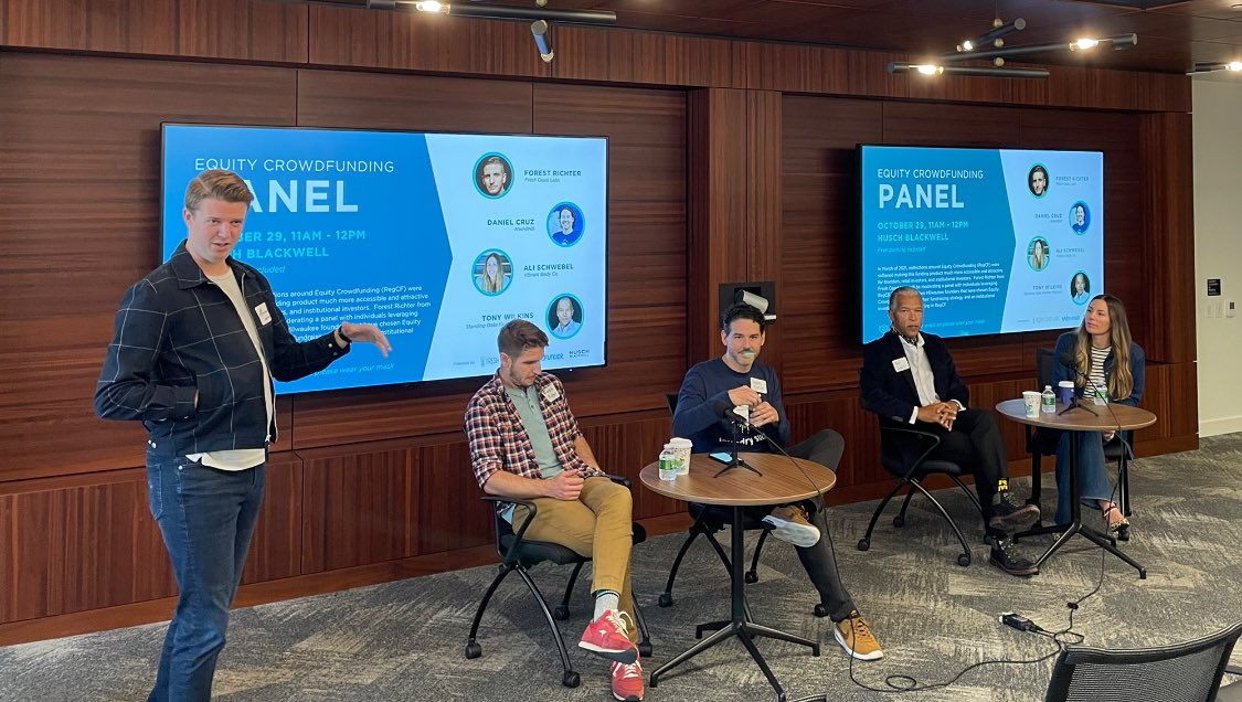 Great discussion on equity crowdfunding hosted by <a href="/Wefunder/">Wefunder</a> and <a href="/RichterForest/">Forest Richter</a> at <a href="/HuschBlackwell/">Husch Blackwell</a> featuring <a href="/DanielJCruz/">Daniel Cruz | washbnb</a> <a href="/washbnb/">washbnb</a>, Tony Wilkins and, Ali Schwebel of <a href="/Vibrant_Body/">Vibrant Body Company</a>. #MKETech