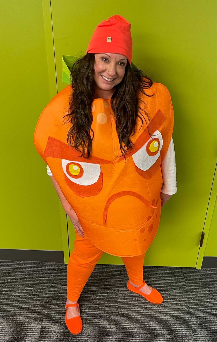 qumulo's tweet photo. Remember when we said we have the most creative team, bar none? Yeah. Julie Bige brings #Grumpquat to life! Happy #Halloween, everyone. #halloween2021 https://t.co/jv8cGavPi0