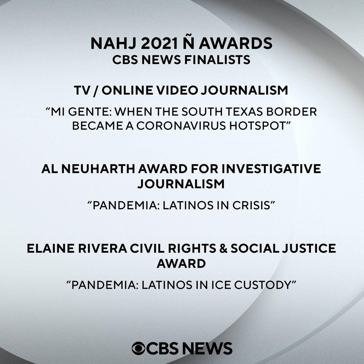 We are pleased to share multiple pieces of <a href="/CBSNews/">CBS News</a> reporting are being recognized as finalists for <a href="/NAHJ/">NAHJ</a>'s Ñ 2021 Awards. 
 
Winners will be announced tomorrow, Oct. 30. 
 
More: bit.ly/2ZBiC1X