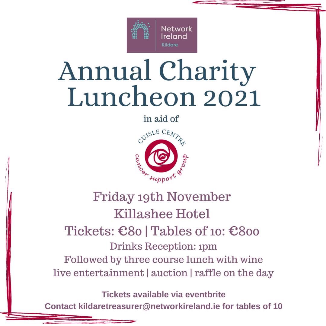 NetworkKildare's tweet photo. Tickets for our @NetworkKildare annual charity lunch in aid of another amazing and worthy cause for 2021, @Cuislecancer are now live!
Purchase via eventbrite
https://t.co/99ldBD2Rhf
#backedbyAIB #NetworkIreland #networkkildare https://t.co/itmC7psc2n