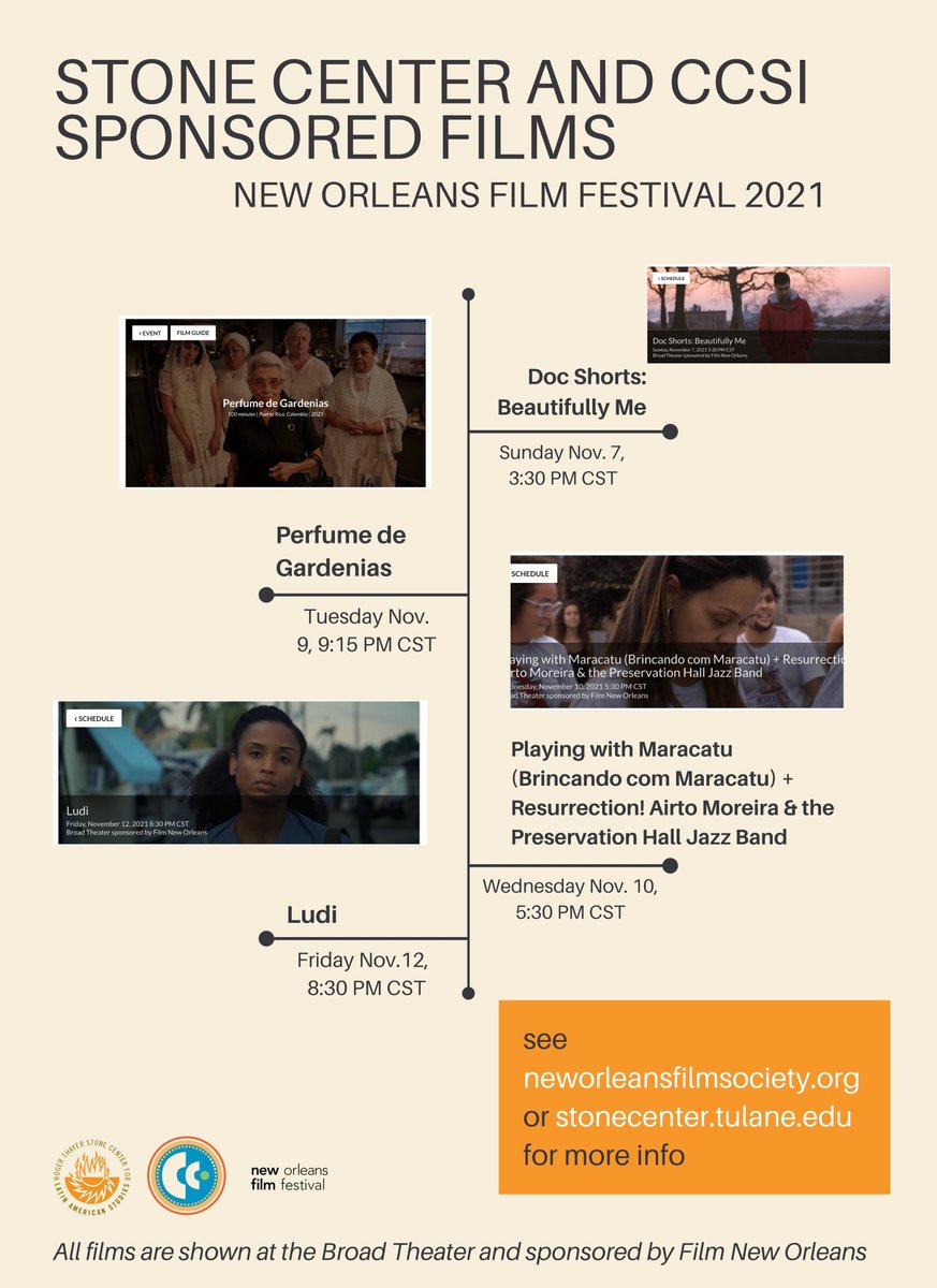 TUsclas's tweet photo. New Orleans Film Festival 2021 begins a week from today!

Join us for these Stone Center and @ccsiTU sponsored films! We are excited and honored to work with @NOFS!

Check back for more info next week, or check the New Orleans Film Festival site here: https://t.co/mRhq5kER3q https://t.co/ULOzS9Fpe7
