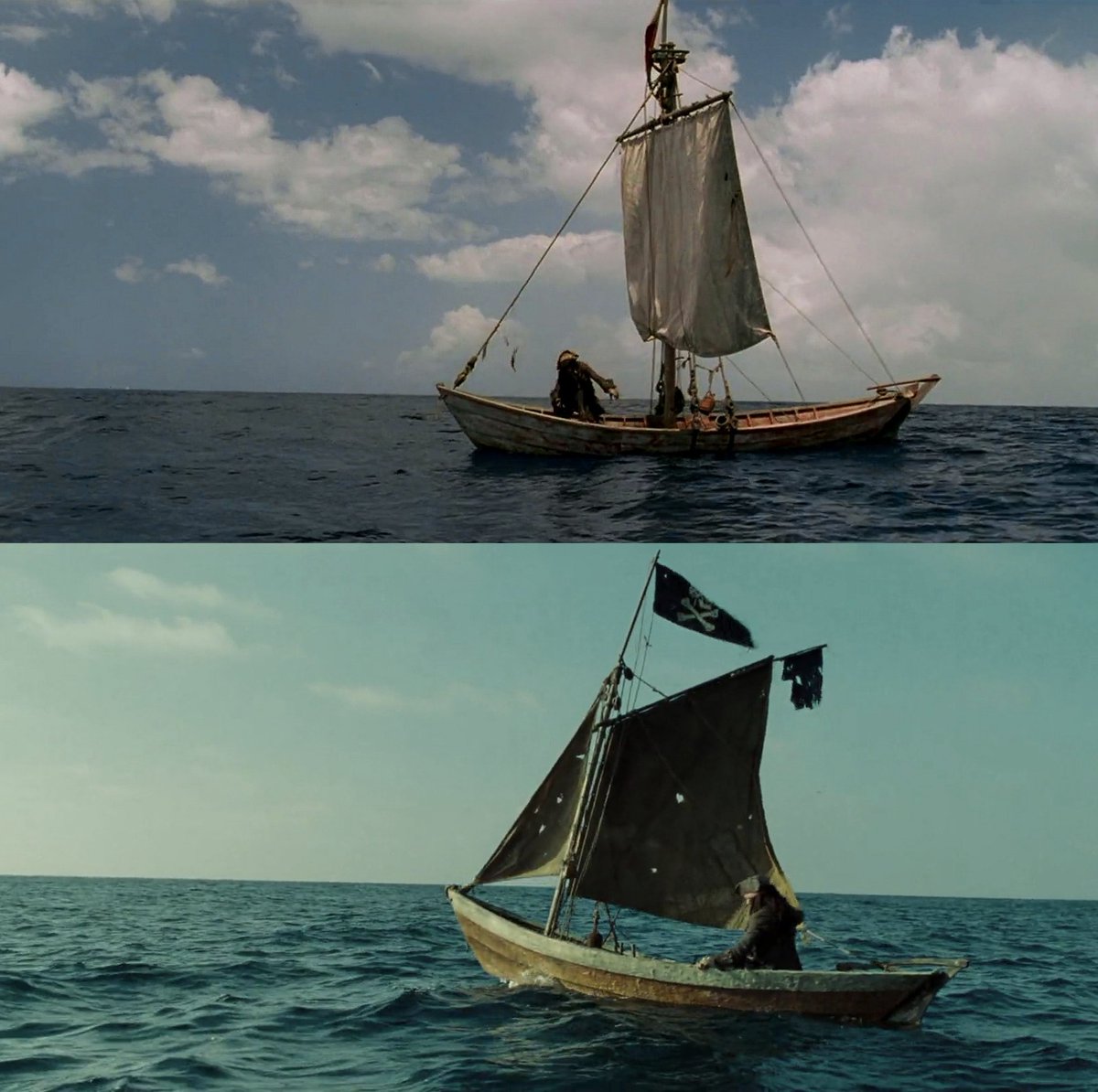 bestofpotc's tweet image. jack sparrow in his first scene in the curse of the black pearl (2003) and the last scene in at world's end (2007)