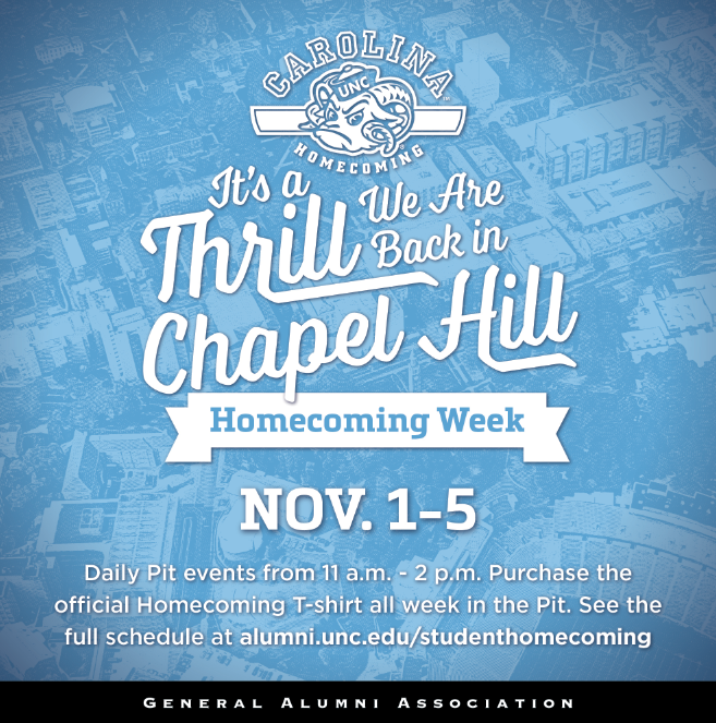 It's almost here 🎉 Don't miss: Fun, free food and swag in the Pit all week long, Nov. 1-5. Purchase your Homecoming T-shirt, too. unc.live/3CtzciM