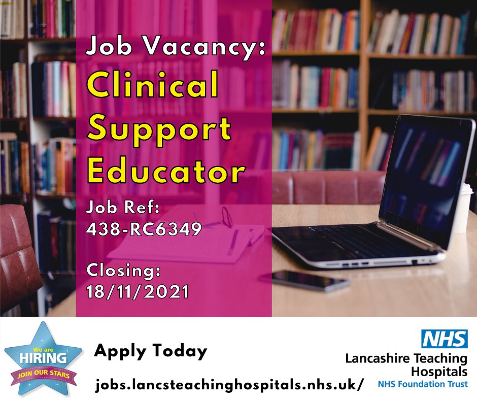 Lancashire Teaching Hospitals Jobs ๐ (@lancshospjobs) on Twitter photo Job Vacancy: Clinical Support Educator <a href="/LancsHospitals/">Chorley & Royal Preston</a>
Closing: 18/11/21
Apply here: bit.ly/3CwgerJ
#NHS #NHSJobs #ClinicalSupportEducator #Educator #Lancashire #Preston #Chorley #LancashireJobs #Clinical #ClinicalSupport #Band6 #TeamED @LTHTREmergency1 Job Vacancy: Clinical Support Educator <a href="/LancsHospitals/">Chorley & Royal Preston</a>
Closing: 18/11/21
Apply here: bit.ly/3CwgerJ
#NHS #NHSJobs #ClinicalSupportEducator #Educator #Lancashire #Preston #Chorley #LancashireJobs #Clinical #ClinicalSupport #Band6 #TeamED @LTHTREmergency1