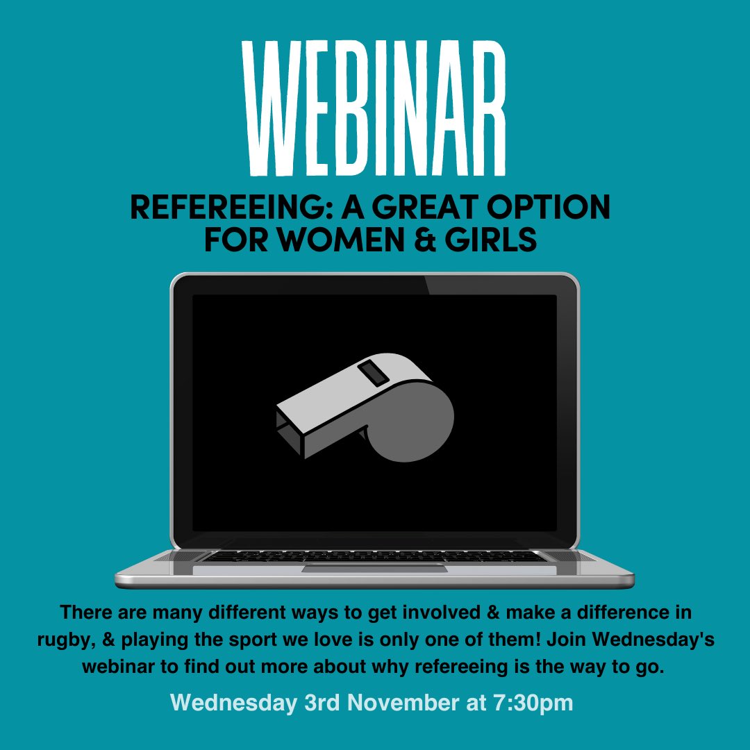 GirlsRugbyClub's tweet photo. Ever thought about refereeing? 

Our free webinar on Wednesday with @ClaireRef1 is the perfect opportunity to find out more about officiating &amp; why it’s a great option for women &amp; girls 🙋🏻‍♀️

Sign up at https://t.co/Q25OG11Hjq for Zoom details nearer the time ⏰ https://t.co/IIaIQZrqWs