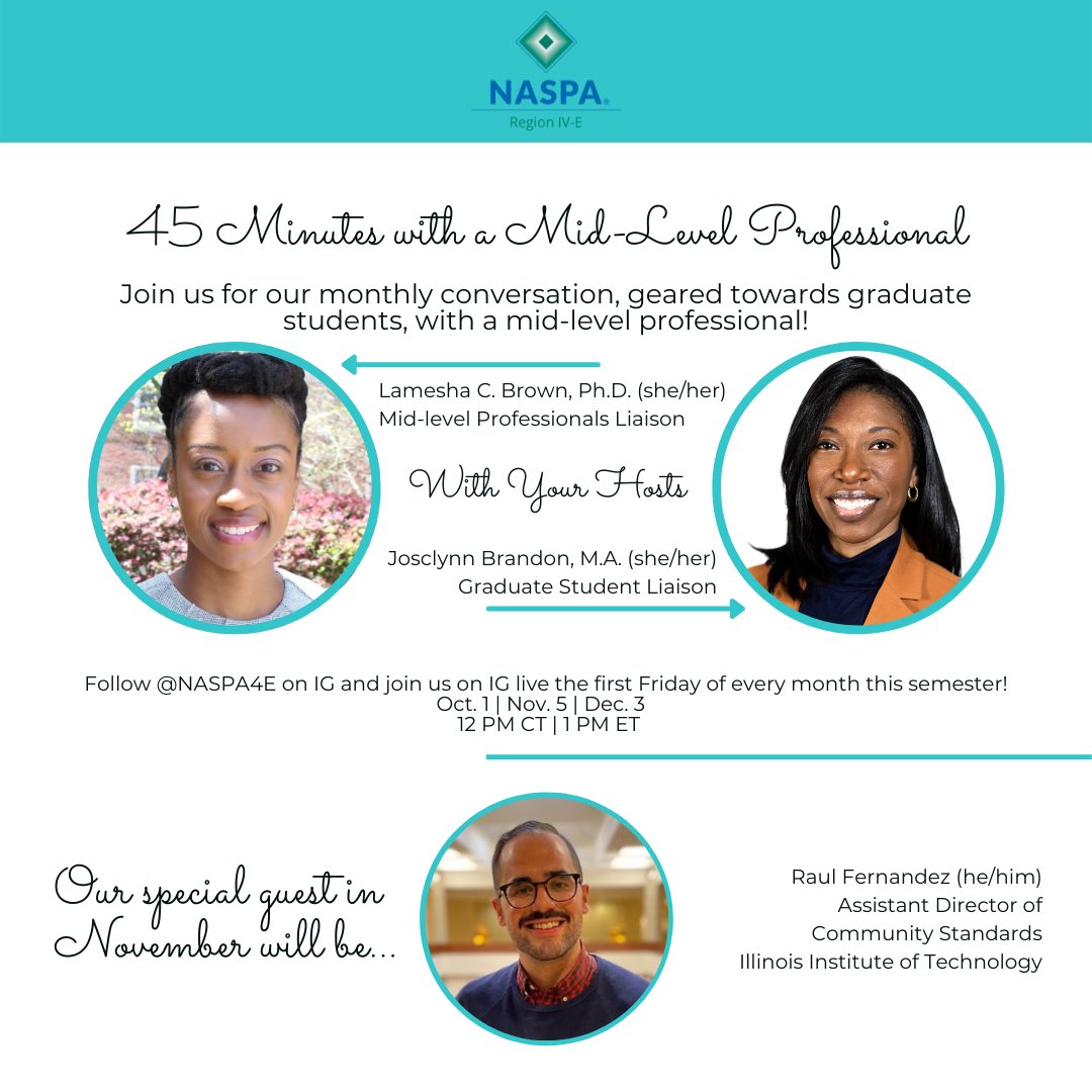 NASPA Region IV-East (@naspa4e) on Twitter photo First Fridays: 45 Minutes w/a Mid-Level Pro (IG Live)
Join <a href="/LCB_PHD/">Lamesha C. Brown, Ph.D.</a> and <a href="/MsJosclynn/">Josclynn Brandon, Ed.D.</a> for their second installment on Fri, 11/5 from 12 pm.-12:45 pm CT/1pm-1:45 pm ET
They'll be chatting with <a href="/RaulFernandezJr/">Raul Fernandez</a>! You don't want to miss this
#SAGrads #MidLevelPro #NAPSA4E First Fridays: 45 Minutes w/a Mid-Level Pro (IG Live)
Join <a href="/LCB_PHD/">Lamesha C. Brown, Ph.D.</a> and <a href="/MsJosclynn/">Josclynn Brandon, Ed.D.</a> for their second installment on Fri, 11/5 from 12 pm.-12:45 pm CT/1pm-1:45 pm ET
They'll be chatting with <a href="/RaulFernandezJr/">Raul Fernandez</a>! You don't want to miss this
#SAGrads #MidLevelPro #NAPSA4E