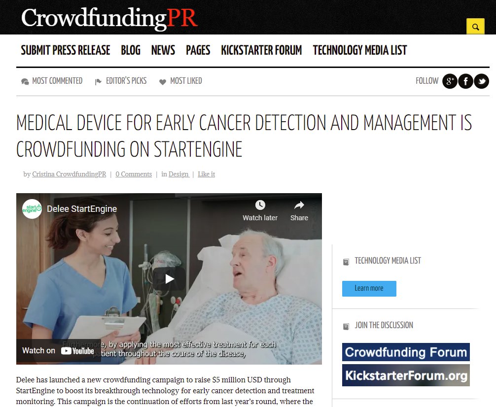 Great publication about Delee's Technology 🚀 Thank you <a href="/crowdfundingpr_/">Crowdfunding PR</a> for the article!
Read it here: hubs.li/H0-jy-d0
#Delee #crowdfundingpr  #invest #CancerResearch #crowdfunding #Entrepreneurship #HealthTech #startup
