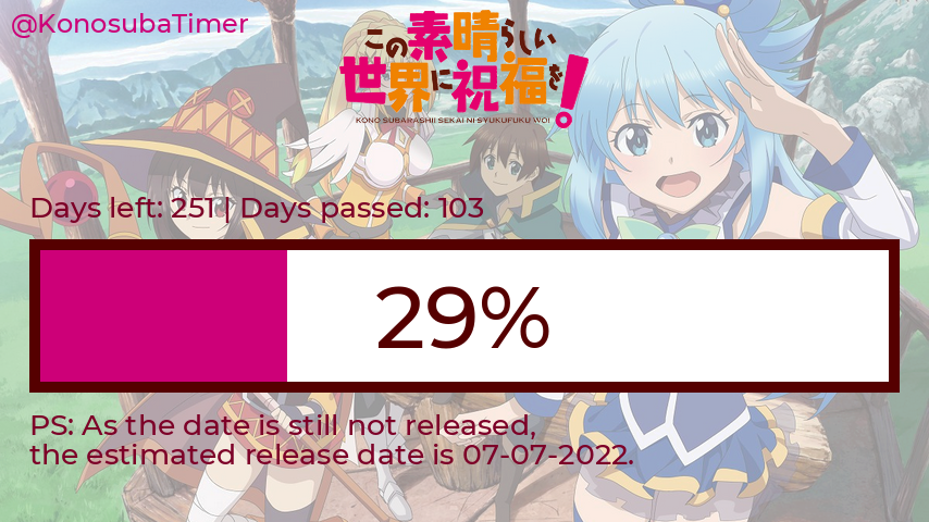 KonosubaTimer's tweet photo. Friday 29-10-2021

Days before Kono Subarashii Sekai ni Shukufuku wo! - Season 3: 251
Days passed: 103
Percentage: 29.096%

#konosuba #このすば https://t.co/z1fMDPJ8U7