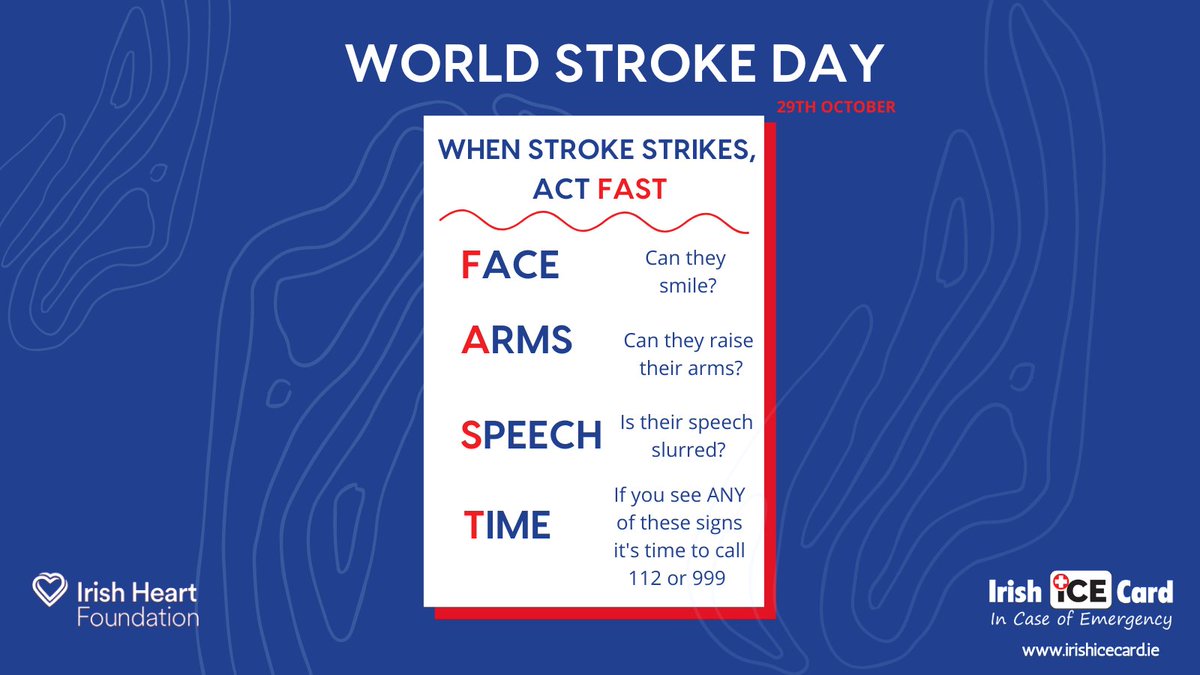 IrishICEcards's tweet photo. Today is World Stroke Day. Here is some advice from the @Irishheart_ie: When someone has a stroke, minutes matter. Know the signs of a stroke and remember to always Act F.A.S.T. Learn the signs, save precious time. 
#worldstrokeday #emergency #actfast https://t.co/VWNMJ9XypO