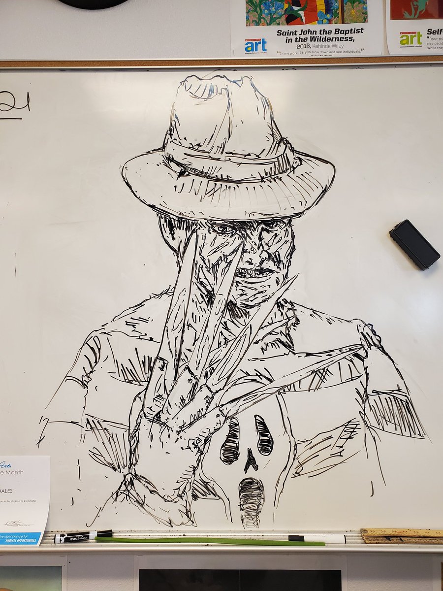jvidales_PHHS's tweet photo. Happy Freddy Friday!  Be safe out there! @julian_creates #fridaydrawings #expomarker #whiteboarddrawings #FreddyKrueger https://t.co/IFeBuyxxNE