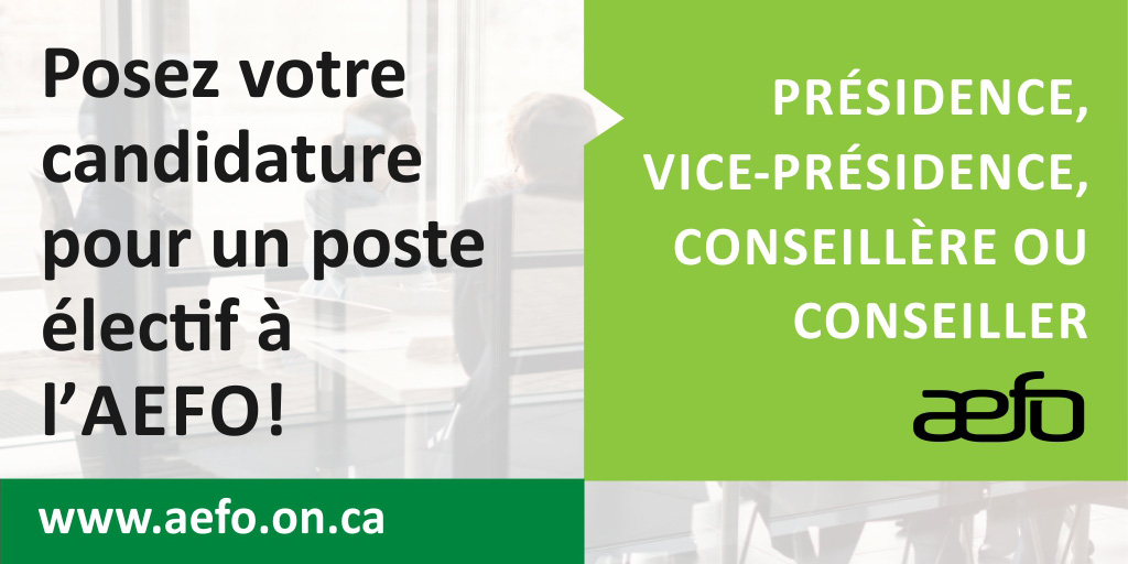 AEFO_ON_CA's tweet photo. La force d’un syndicat repose en grande partie sur l’implication de ses membres. Si vous avez déjà pensé à vous impliquer, pourquoi ne pas penser à un poste au comité exécutif (CE) de l’AEFO provinciale?
Détails : https://t.co/fungW6metm
#AEFOJEMIMPLIQUE #ENSEMBLEPOURAGIR https://t.co/uRIhmhhc0J
