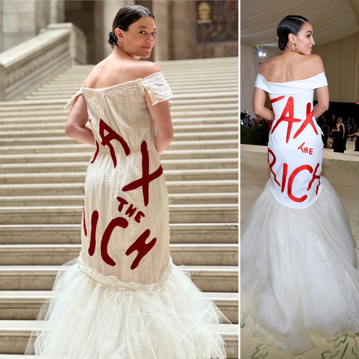 ArwenAmanda's tweet photo. Replicating @AOC’s iconic Met Gala look to spread the good word at the MB Legislature today. ✌🏼#taxtherich ⁣⁣
⁣⁣
Thx to my mom for recreating designer @AuroraJames’ masterpiece by changing the neckline on a dress I already owned, ironing on the letters + adding the tulle! 🙏🏼 https://t.co/SH1tpexbX6