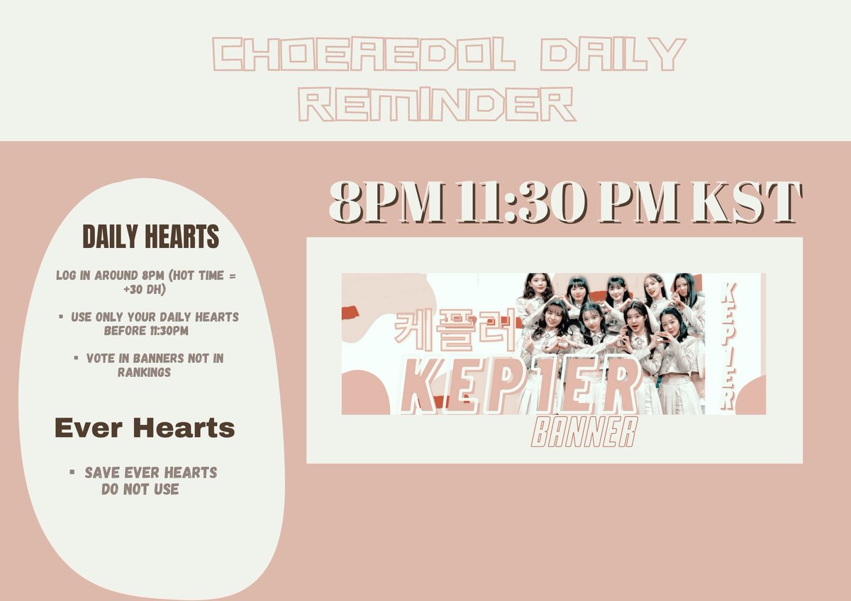 KEP1ER_VOTE's tweet photo. 📢 [DAILY REMINDER]
             CHOEAEDOL 

🎯 COLLECT DAILY HEARTS 
      *Drop before 11:30pm 
🎯  SAVE EVER HEARTS 

Vote here 👇
B1 - https://t.co/B7vvfJka50
B2 - https://t.co/eidaIn4QY1
B3 - https://t.co/uXCrowbGmL

#Kep1er #케플러 https://t.co/CkpFyLrVKf