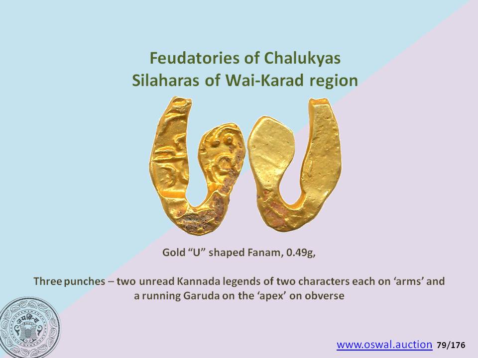 AuctionOswal's tweet photo. Shilaharas - 8-13th Century CE were Chalukya feudatories mostly in the Northern Konkan region. Ambarnath Shiva Temple, Kopineshwar temple at Thane, Walkeshwar Temple-Mumbai, and Banganga Tank are a few examples.
#gold #fanam #shilahara #chalukya #feudatories #numismatics #coins https://t.co/0mOMdPMZCz