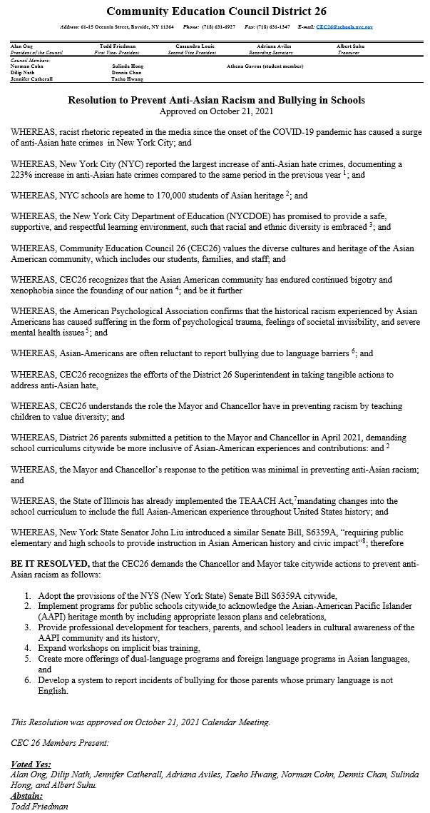 CEC26 approved and adopted the resolution to prevent Anti-Asian racism and bullying in Schools.