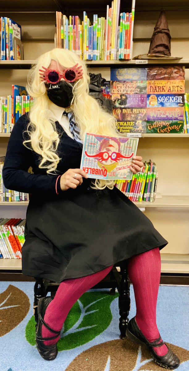 Librarygal05's tweet photo. Rocking my Luna Lovegood costume from #HarryPotter ⚡️in the #schoollibrary Luna was a strong character who didn’t let the bullies get her down. #librariestransform #halloweencostume #LibraryAides #DelevanDriveElementary @lausd_libraries @nelaschoolsrock https://t.co/Ng3EYQXSim