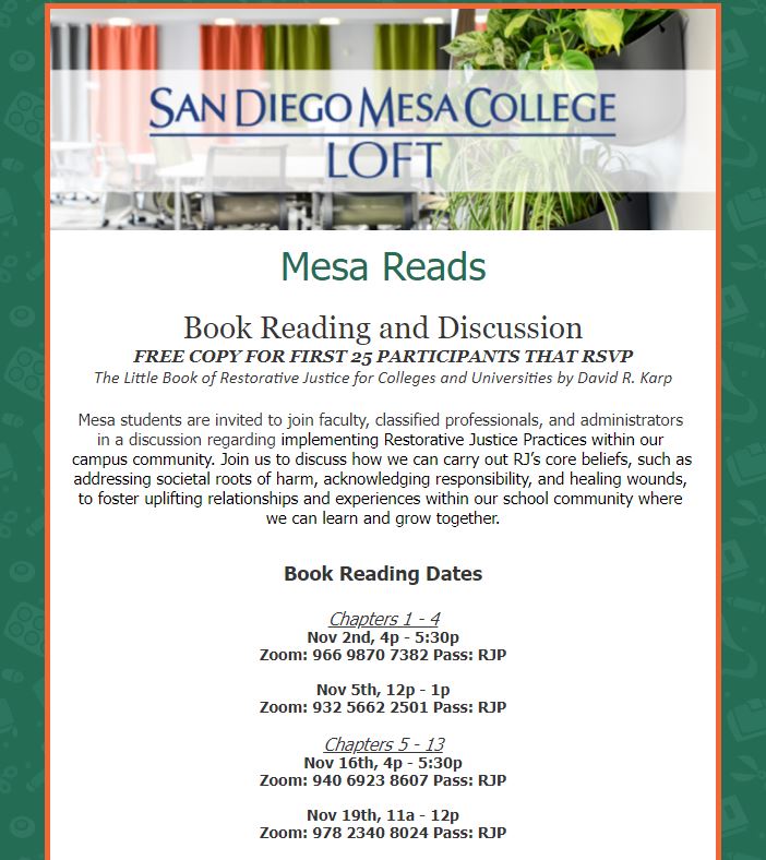 Mesa students are invited to join faculty, classified professionals, and administrators in a discussion regarding implementing Restorative Justice Practices within our campus community.

RSVP Link: forms.gle/MJiPtGK9eu7wqf…