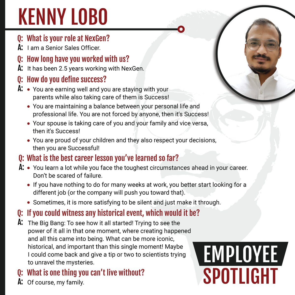 NexGen_Comm's tweet image. We're shining the #limelight on Kenny Lobo, another amazing Senior Sales Officers!

Kenny always has a #positiveattitude and a level head. He demonstrates daily that anything is possible through his dedicated work and 
#outstanding performance.

#Thankyou for all you do, Kenny!