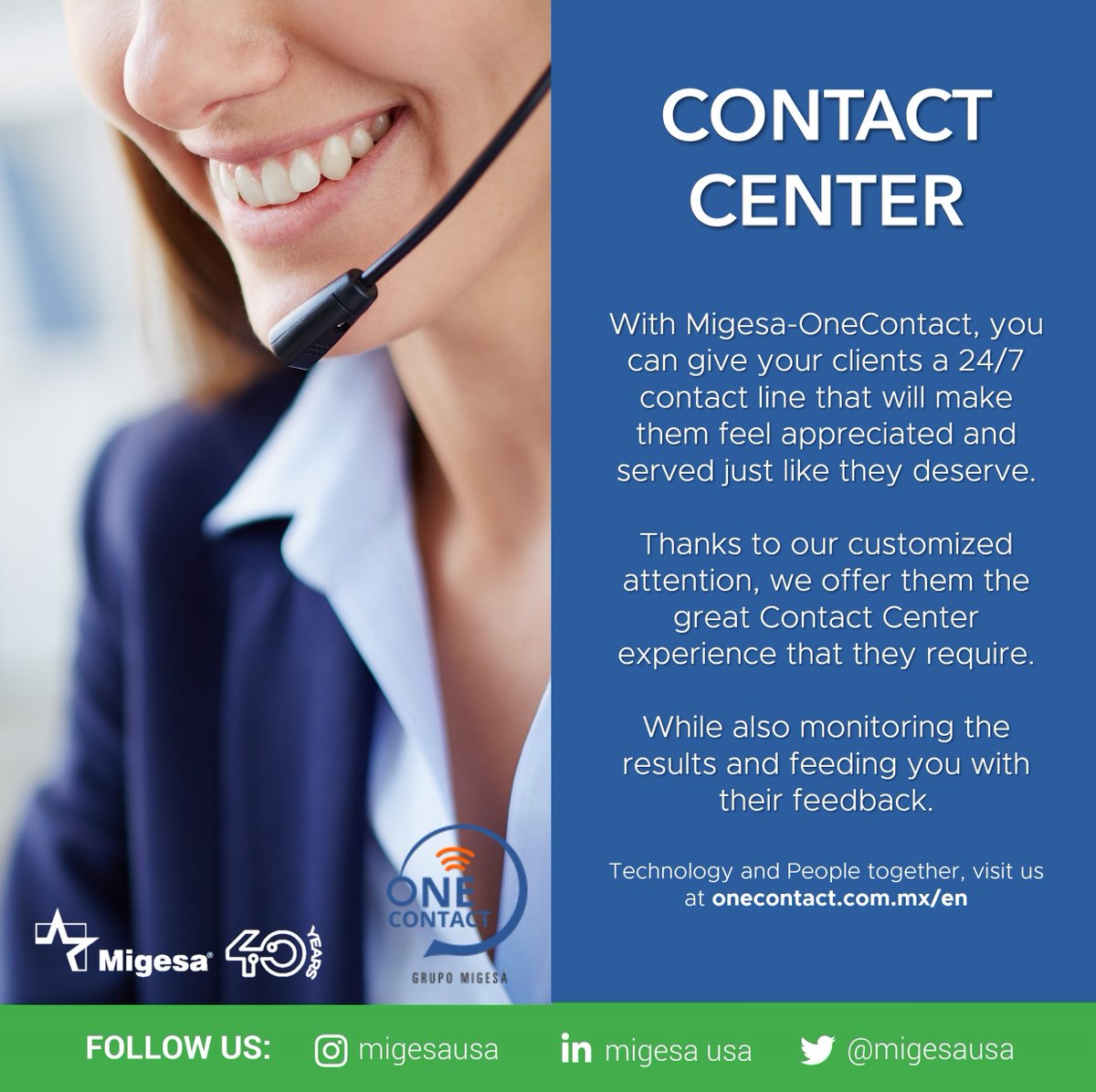 MigesaUSA's tweet image. Migesa-OneContact has got your Contact Center and Assist needs covered!

Visit: onecontact.com.mx/en/main-page/

#ContactCenter #OneContact #ContactServices #DigitalTransformation #ITSolutions #Migesa