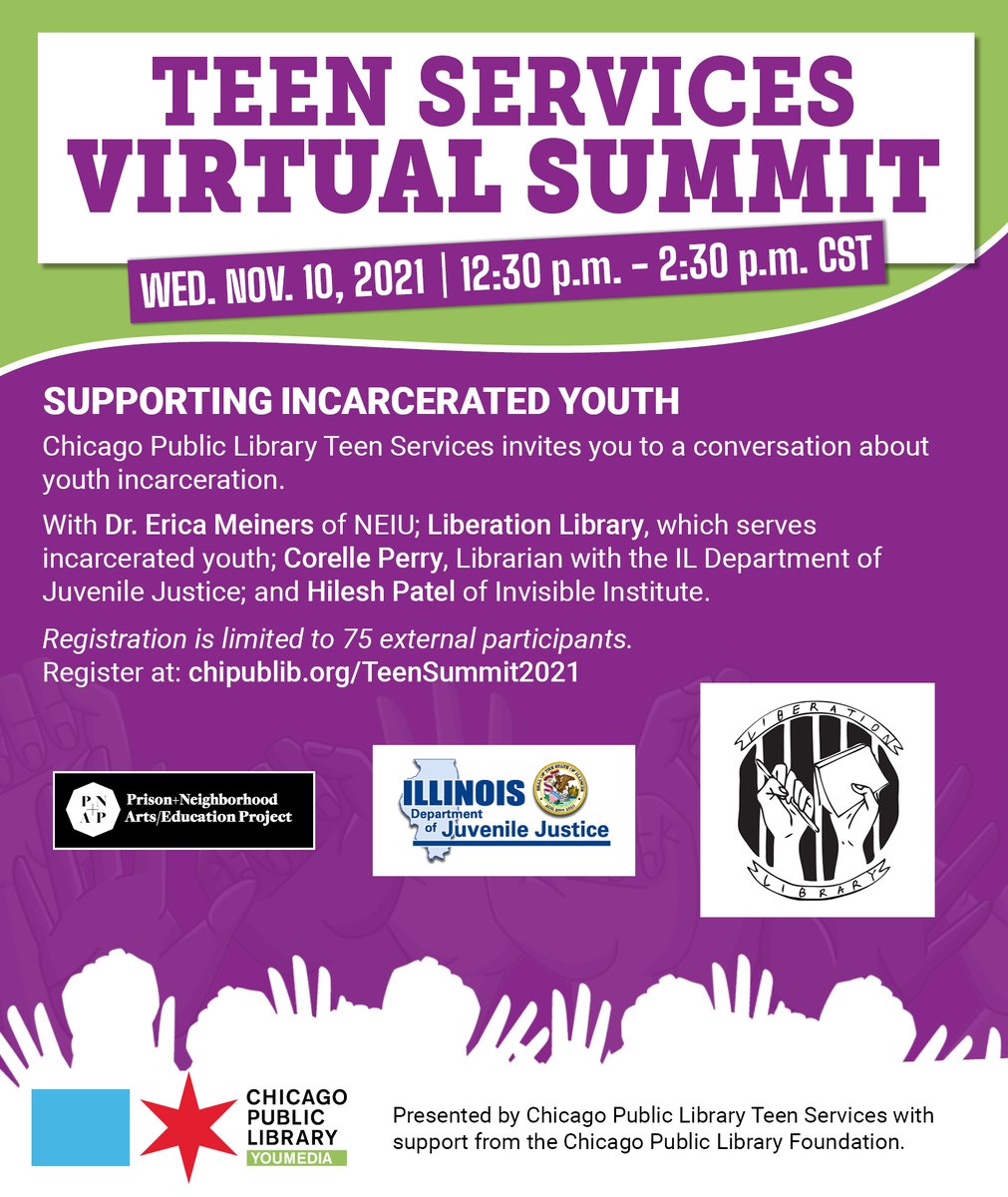 YOUmediaChicago's tweet image. Hey adult educators! Have you registered for the Teen Services Virtual Summit yet? We'll be talking with experts from @liberationlib and @invinst about ways to support incarcerated youth. #linkinbio @CPLFoundation @chipublib