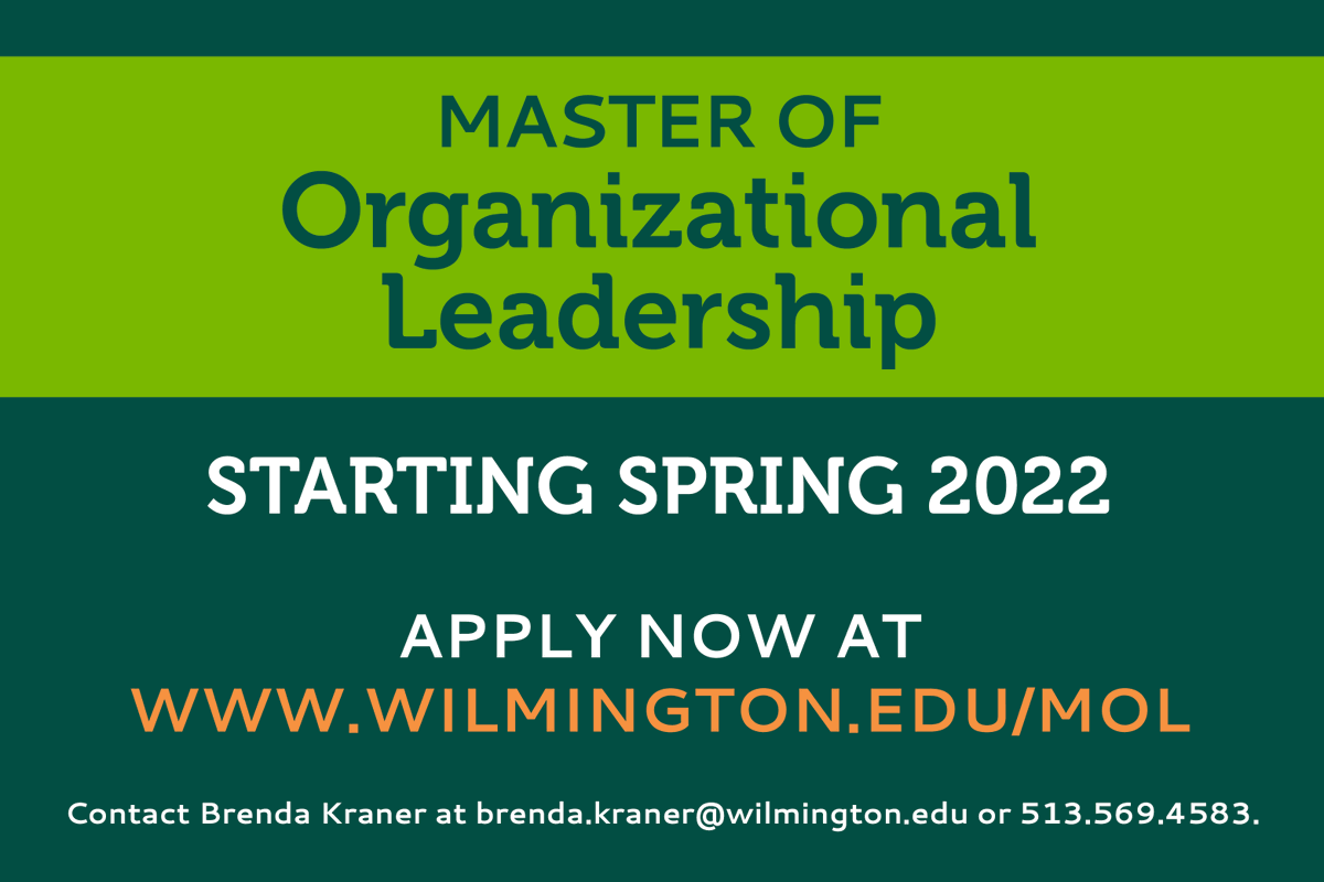 WCcincy's tweet photo. Applications are now being accepted for spring 2022 for the Master of Organizational Leadership degree at the Cincinnati campus!
Reach out to Brenda Kraner by phone or email at 513.569.4583 or brenda.kraner@wilmington.edu for more information! https://t.co/00HXHy11p7