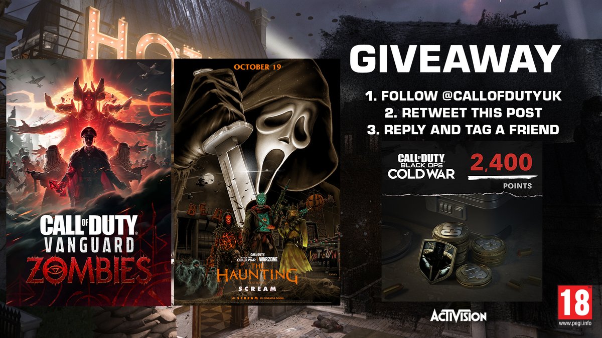 No tricks, only treats 🎃

For a chance to win official posters for #Vanguard Zombies and #TheHaunting ft. Scream, plus 2400 COD Points, simply:

🍬 Follow us
🍬 RT this tweet
🍬 Reply and tag a friend

Exclusively in cinemas January 14
#ScreamMovie