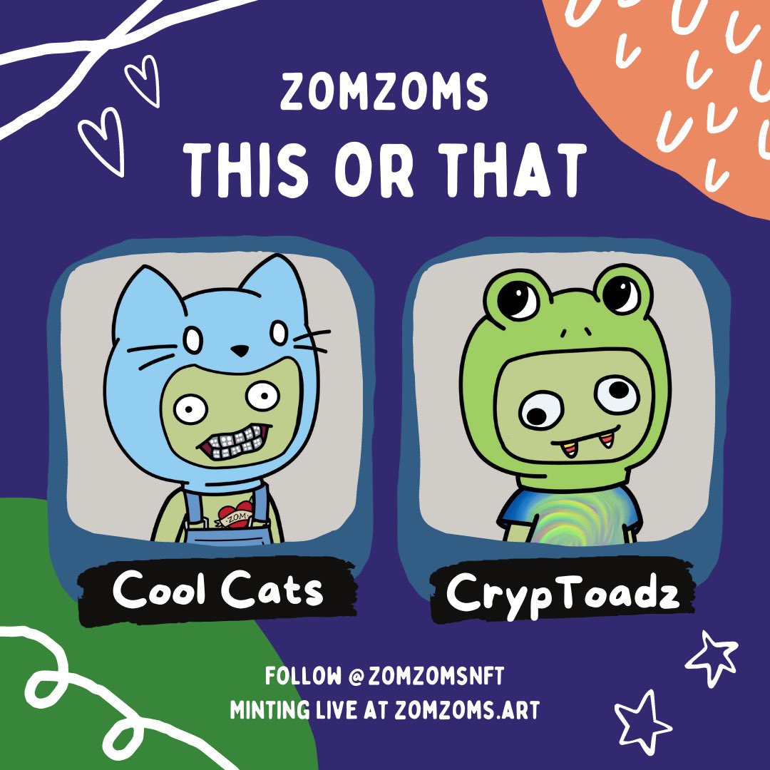 ZomZoms are getting ready for Halloween. Are you on team Cool Cats or team CrypToadz? Comment below! #NFTCommunity @coolcatsnft <a href="/cryptoadzNFT/">CrypToadz 🐸⛓</a>
