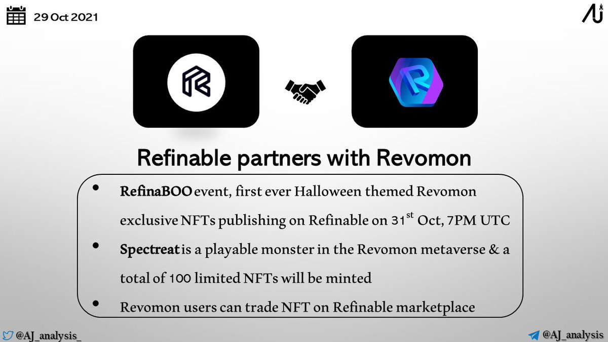 AJ_analysis_'s tweet photo. @refinableapp partners with @RevomonVR ( $REVO )

▪️ #RefinaBOO, an exclusive Halloween event on 31st Oct, 7 PM UTC

▪️ #Spectreat, 100 limited NFTs will be minted

👉 Revomon collections - https://t.co/fnO37te7xs https://t.co/GtH6A4R4XJ