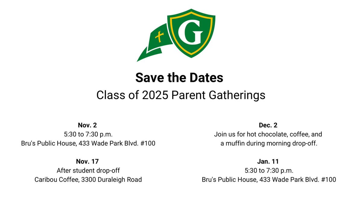 Ninth-Grade Parents: Save the dates to join us for these upcoming gatherings. We can’t wait to connect with you!
