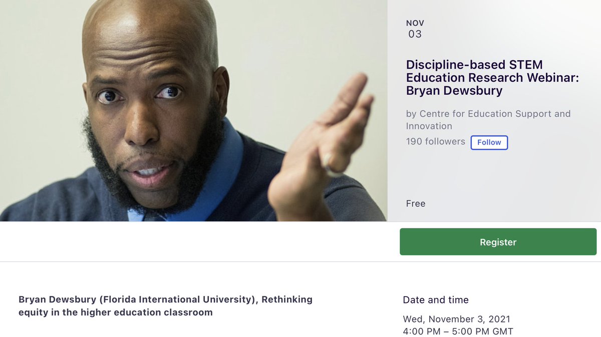 AndreaDalmaroni's tweet photo. We are delighted to have @BMDewsbury @FIU 
giving the next Cardiff-UCL STEM DBER webinar (Nov. 3rd, 4pm GMT) to help us rethink equity in the higher education classroom. Registration at https://t.co/IraJ2bSZ4X   @RSC_HEG @IOPHEG @UCLArena @LTAcademyCU @UCL_teaching https://t.co/AYC4XocSWm