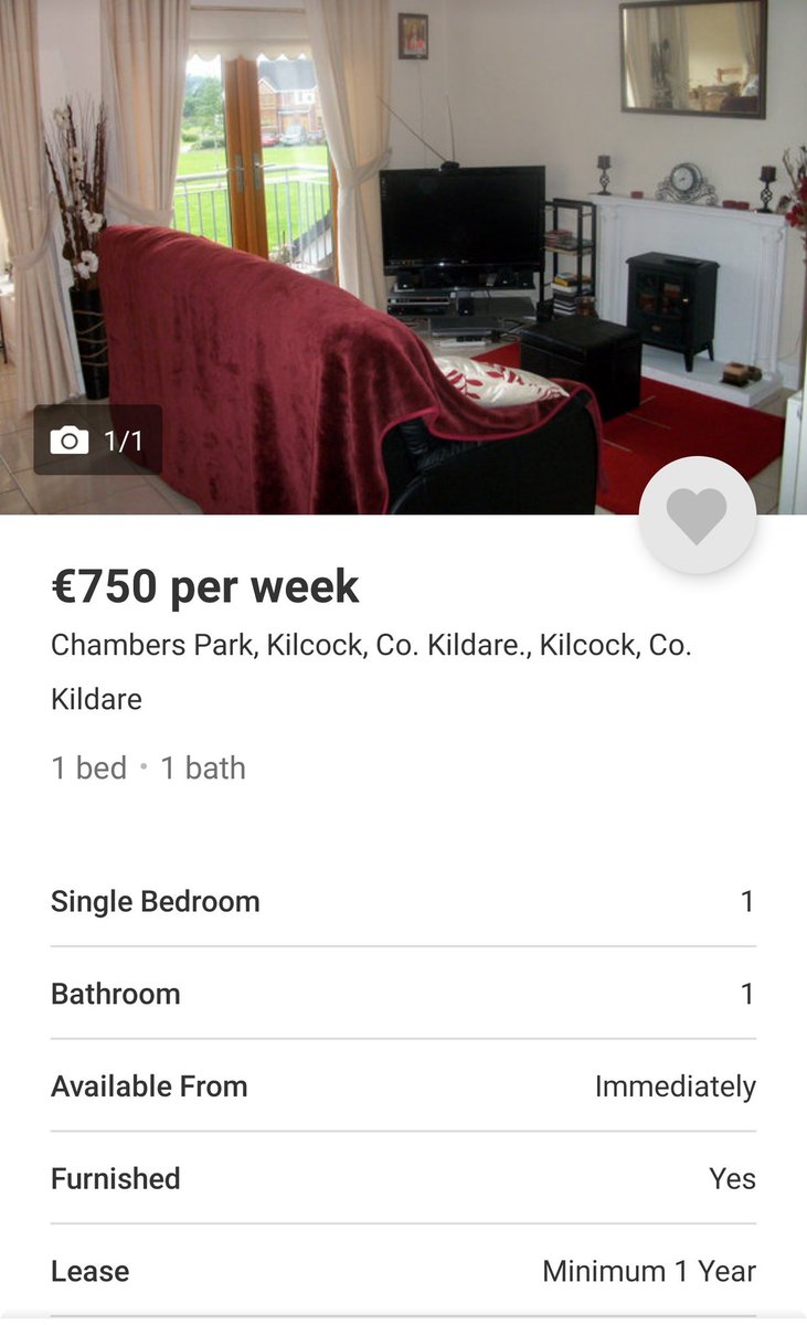 PoliticsWatch14's tweet photo. Just how bad is the Housing Crisis? Here's a 1 bed flat for rent in Kildare. €750 per week. That's €39,000 rent per year or €3250 per month. This is the reality of what's really going on and it's a disgrace. #MegaRent #HousingCrisis https://t.co/05BrpaiwTV